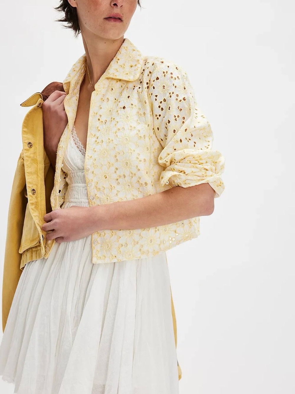 Free People Eyelet Cropped Jacket in Pale Yellow. Dream a little dream top